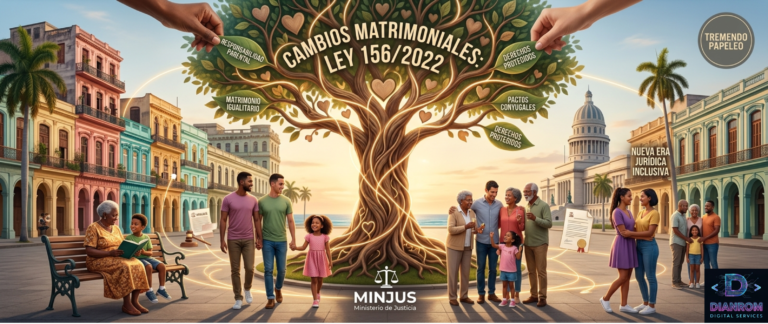 Un montaje fotográfico panorámico de familias cubanas diversas y un "árbol familiar" de luz interconectada que florece con textos legibles sobre los derechos de la Ley 156/2022 en un patio colonial de La Habana Vieja al amanecer.