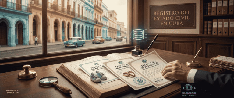 Libro de registro antiguo con certificados de nacimiento, matrimonio y defunción de Cuba, junto a zapatos de bebé, anillos y el logo de Tremendo Papeleo frente a una ventana con vista a La Habana.