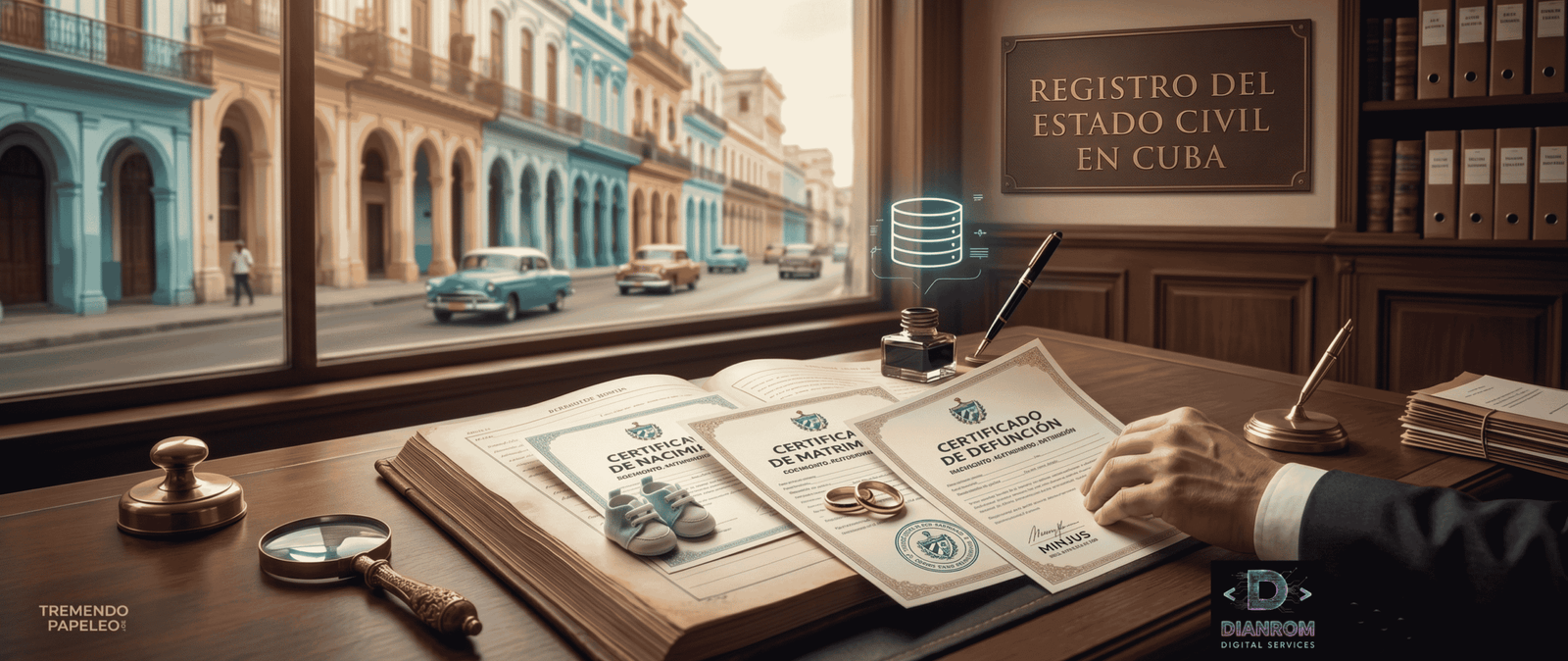 Libro de registro antiguo con certificados de nacimiento, matrimonio y defunción de Cuba, junto a zapatos de bebé, anillos y el logo de Tremendo Papeleo frente a una ventana con vista a La Habana.